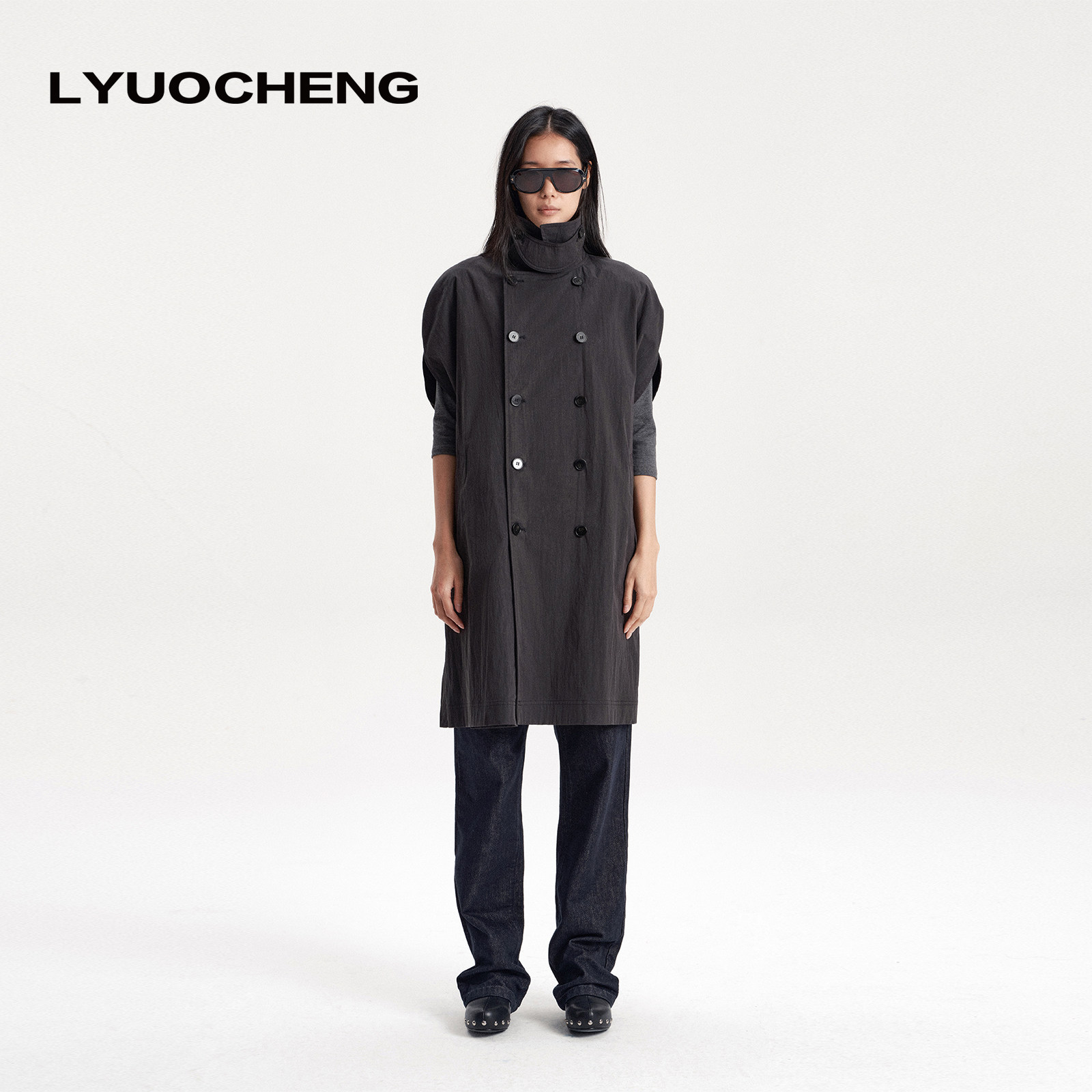 LYUOCHENG 秋冬砂感双排扣斗篷复古立领亲肤舒适休闲风衣外套