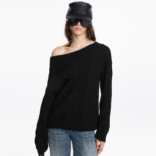 LYUOCHENG 秋冬休闲一字肩不规则大绞花羊毛毛衣