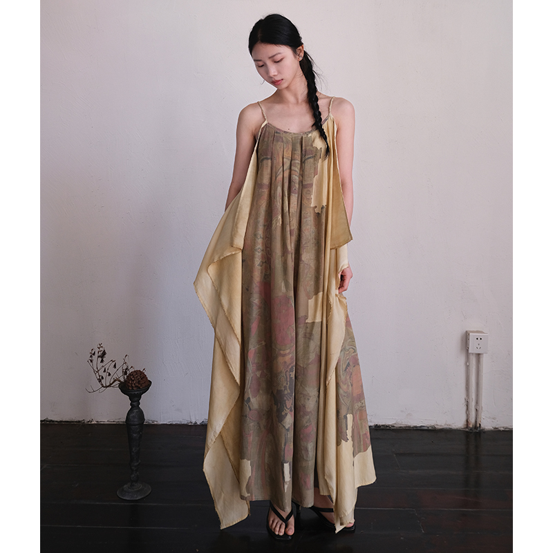 中式敦煌百褶宽松做旧吊带连衣裙