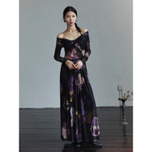 久肆叁新中式 解构百褶暗黑低腰鸢尾印花显瘦两件套连衣裙新品