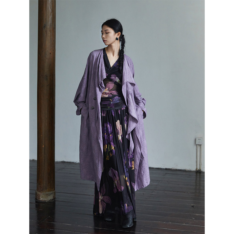 荷叶领长款新中式提花长款外套