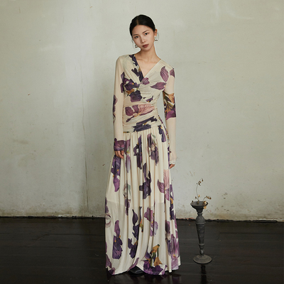 新中式百褶裙网纱复古印花