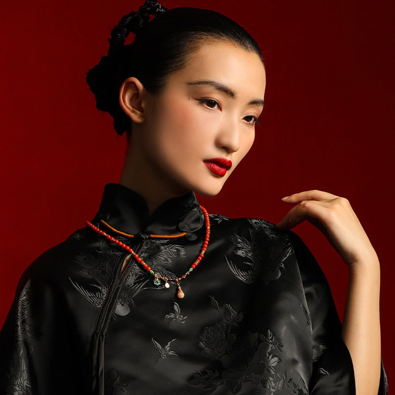 现货天然满肉南红项链女款S925银镀18K金紫水晶5mm圆珠毛衣链工厂