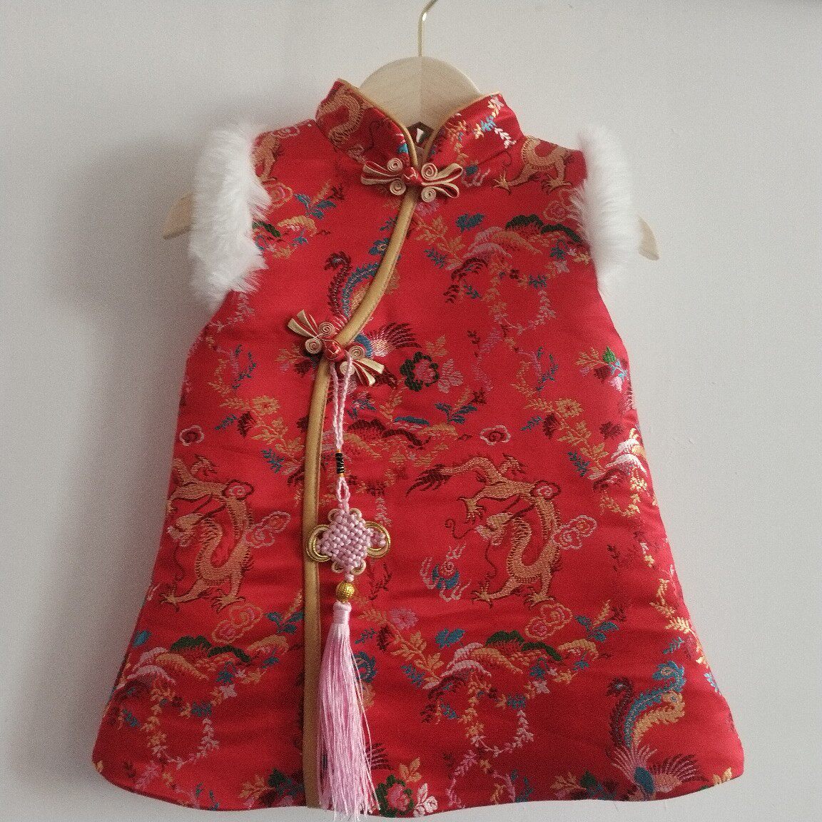 汉服女童冬装夹棉加厚红色中国风旗袍裙儿童唐装马甲拜年服宝宝