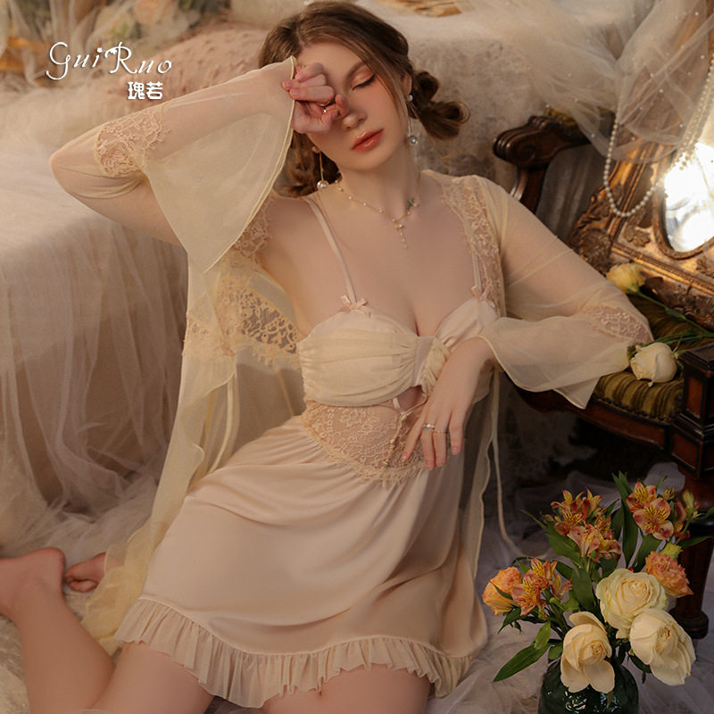 瑰若甜美少女纯欲睡衣加胸垫露背吊带睡裙外袍女家居服套装J3182