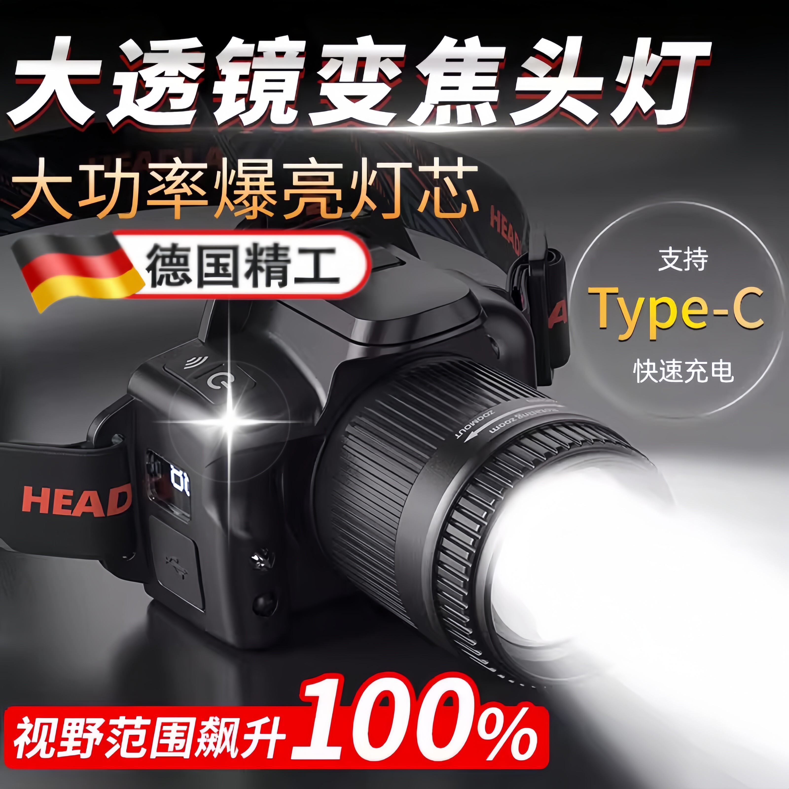 德国工艺超亮强光头灯充电超长续航户外钓鱼专用感应头戴式照明灯