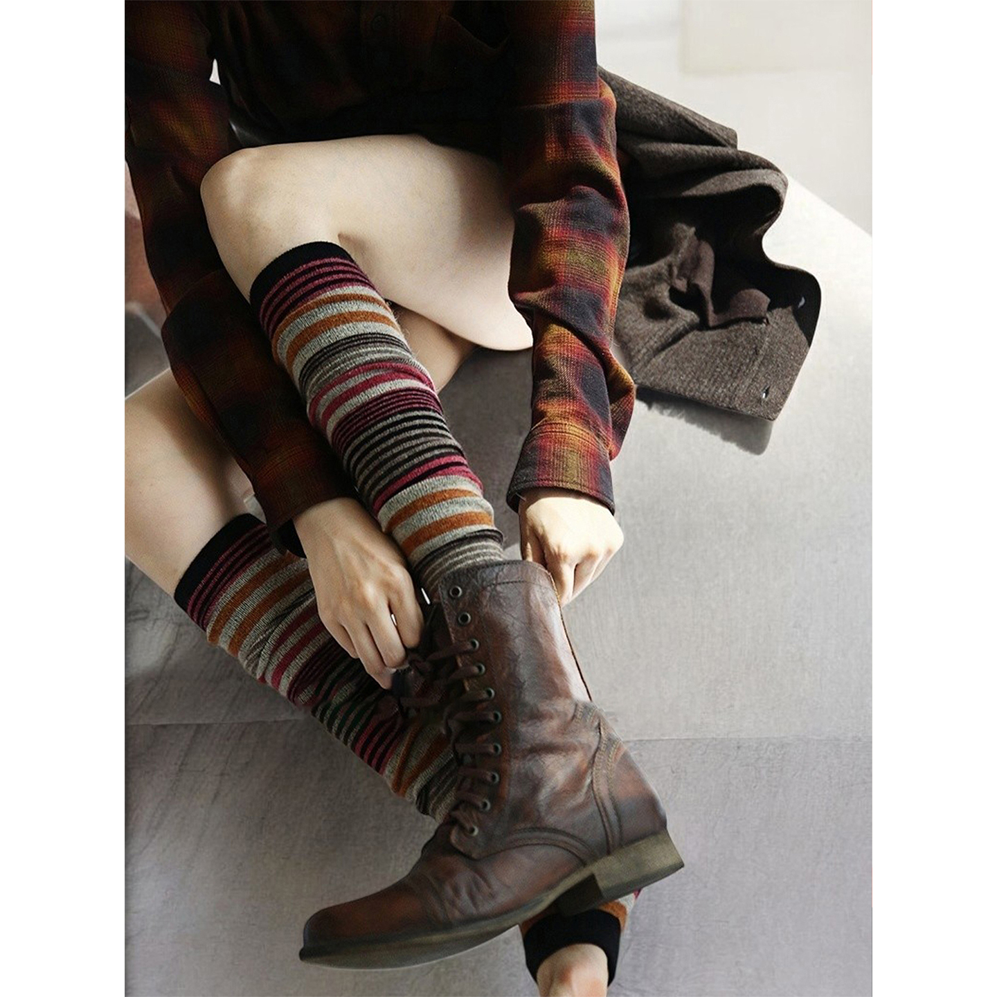 细条纹过膝堆堆袜女士秋冬穿搭