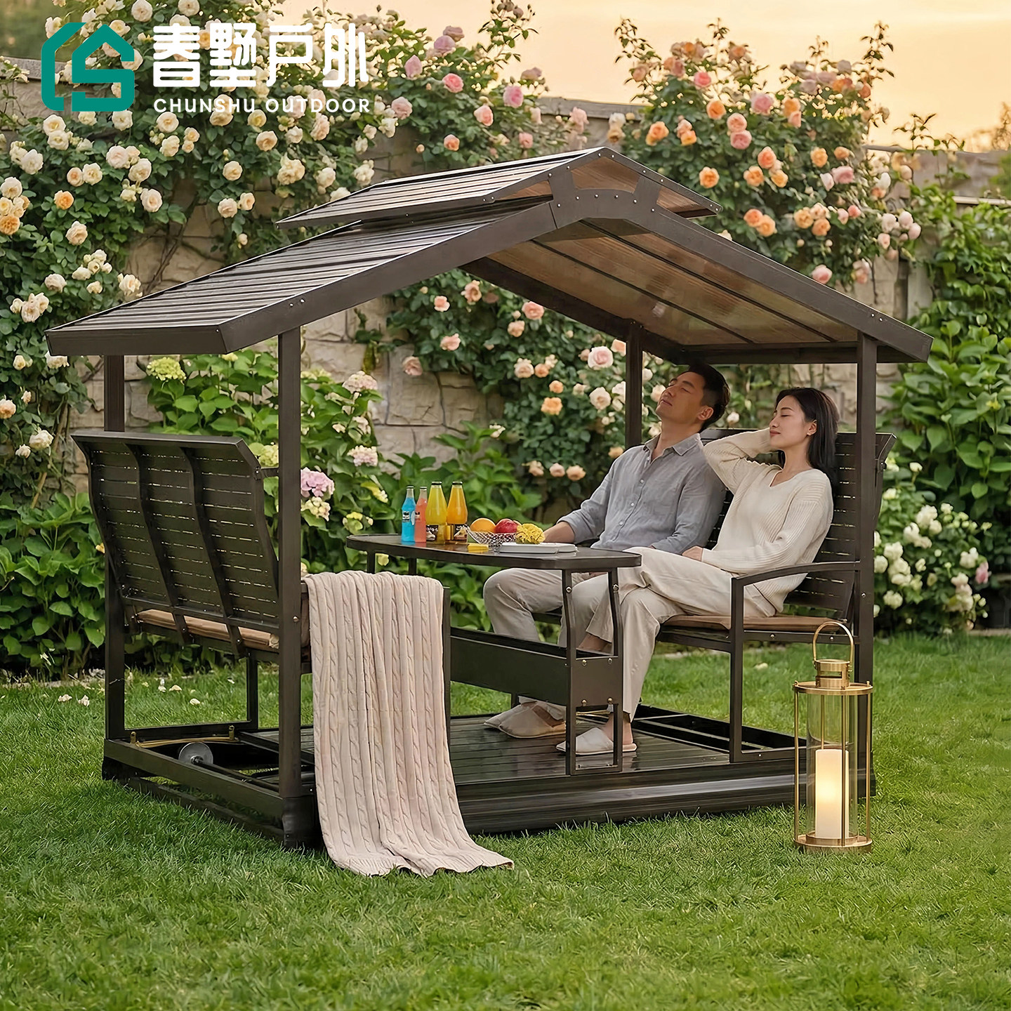 户外秋千动力摇摇椅家用花园庭院四人别墅优选室外铝合金休闲凉亭