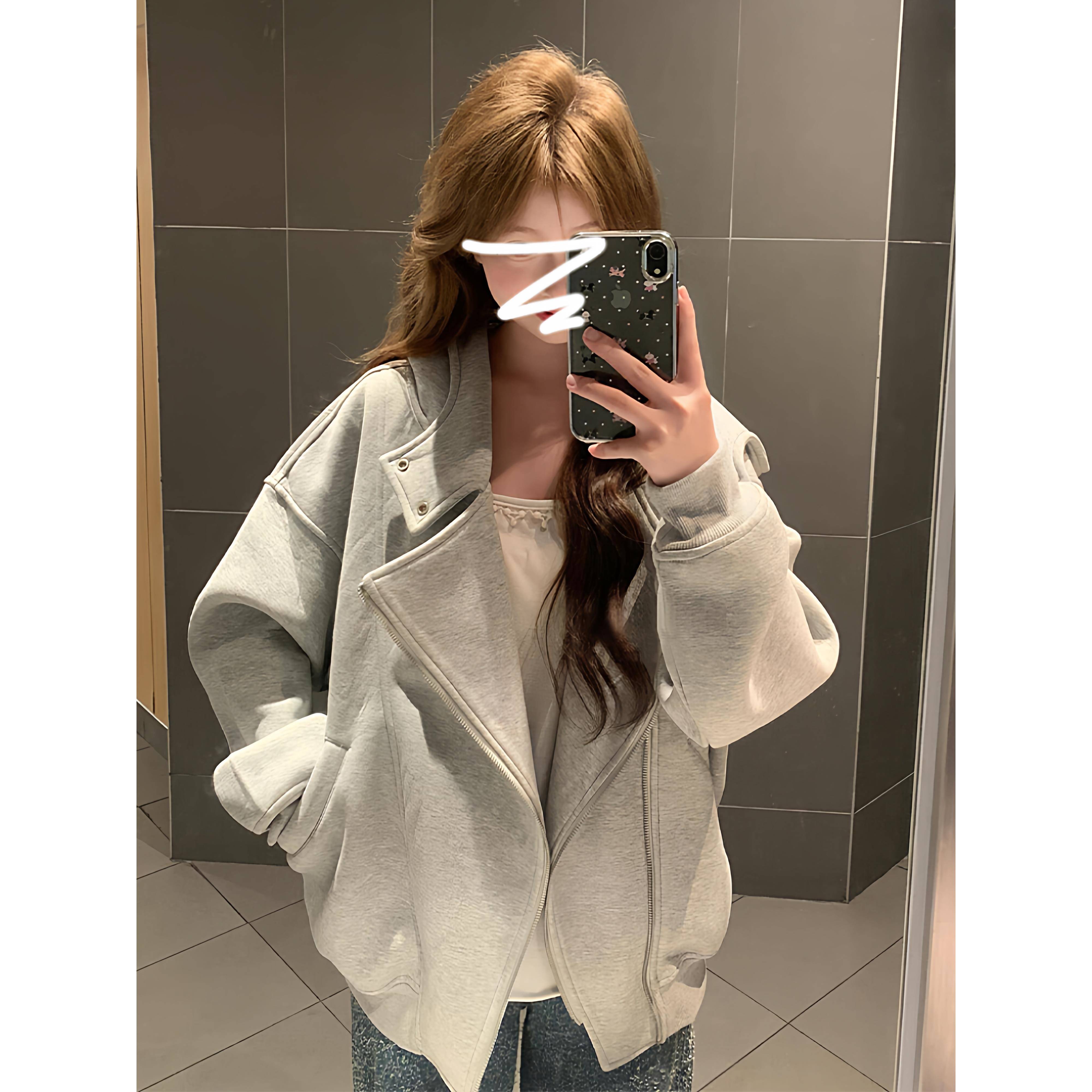 韩系设计感独特超好看外套女早秋2025新款美式高级感灰色连帽卫衣