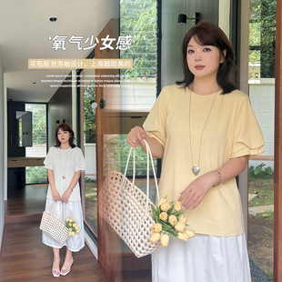 新款 伊诺大码 基础T恤2025夏季 女装 宽松百搭上衣232735 花苞泡泡袖