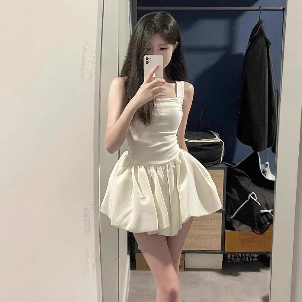 辣妹白色吊带连衣裙女夏季气质高级性感收腰显瘦公主蓬蓬裙小个子