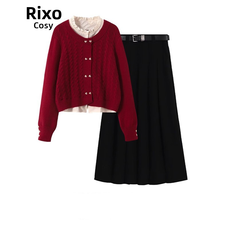 RIXO COSY韩版新年红色毛衣高腰百褶半身裙两件套高级感套装