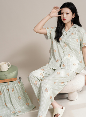 夏季纯棉睡衣女套装家居服夏天可外穿女士三件套82216