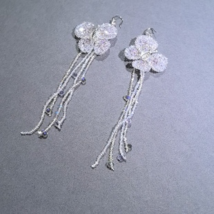 莫奈粉紫微丝蝴蝶流苏耳环小众设计气质高级感