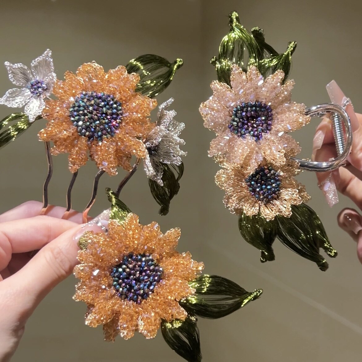 西子家莫奈向日葵满钩针原创设计手工编织发夹边夹