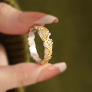 足银9999描金九尾灵狐戒指女纯银新中式 古风桃之夭夭狐狸花朵指环