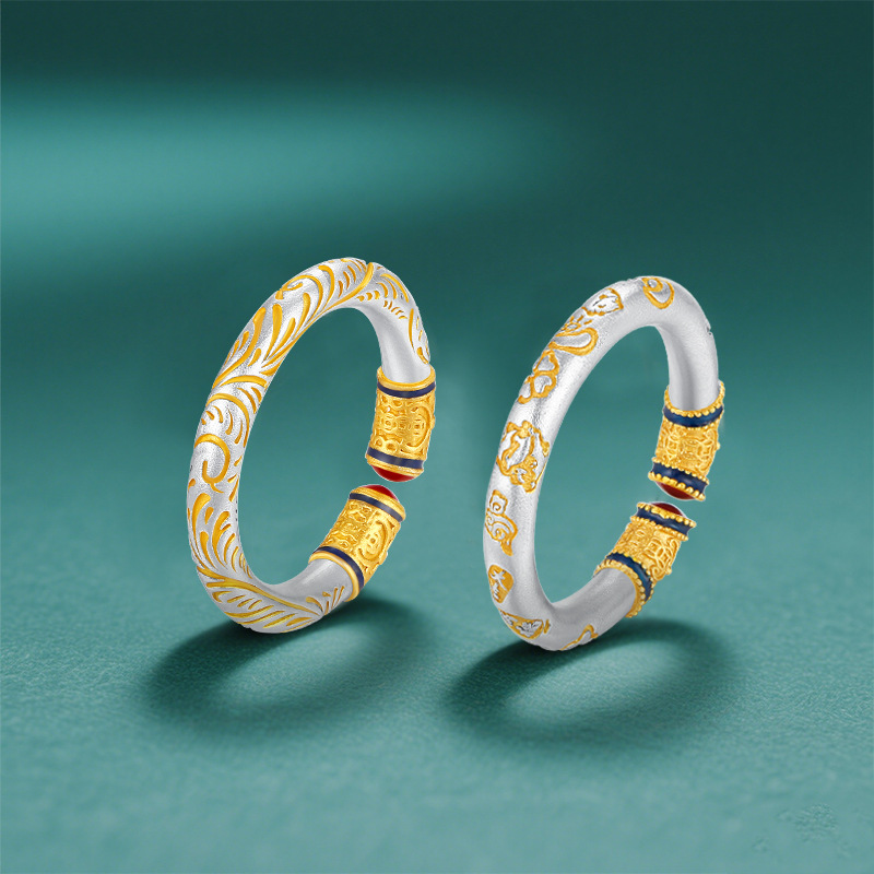 足银9999描金唐草纹吉言戒指女