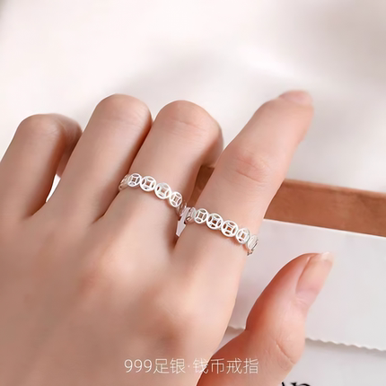 足银s999纯银招财铜钱币戒指男女闭口指环复古偏财钱尾戒送礼转运
