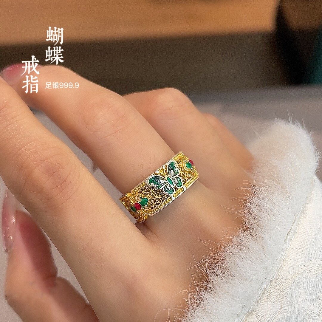 足银9999珐琅蝴蝶描金开口戒指女纯银新中式国风如意指环尾戒轻奢
