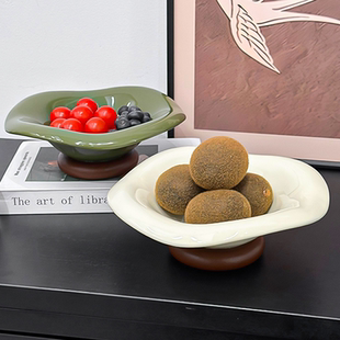 金卡佰水果盘客厅茶几家用零食摆放盘高级陶瓷高脚盘艺术木质盘子
