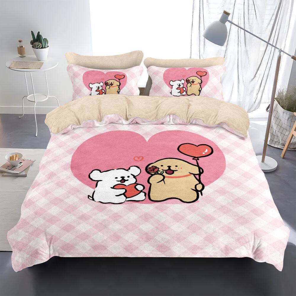 2024线条小狗牛奶绒被套四件套加绒A类防静电可爱儿童房家居床单