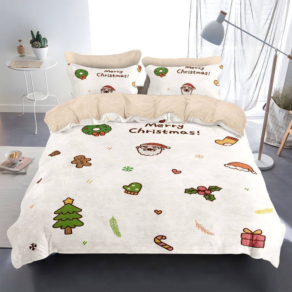 圣诞牛奶绒四件套卡通可爱儿童学生宿舍冬季保暖床单床笠被罩被套