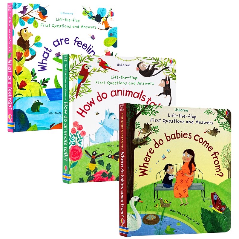 Usborne问与答翻翻书3册 妈妈我从哪里来 动物如何沟通 感觉是什么Questions and Answers英文原版绘本 科普认知 幼儿启蒙问答