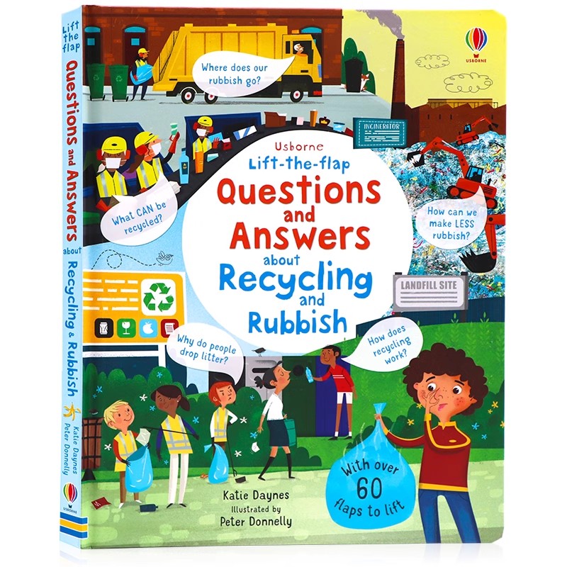 Usborne出品 垃圾回收问与答纸板翻翻书 英文原版绘本Questions and Answers About Recycling and Rubbish儿童趣味科普图画翻翻书