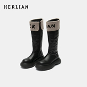高筒厚底雪地靴黑色长靴女 翻边logo时尚 孟子义同款 HERLIAN