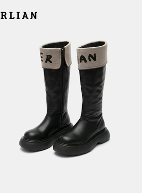 【孟子义同款】HERLIAN 翻边logo时尚高筒厚底雪地靴黑色长靴女