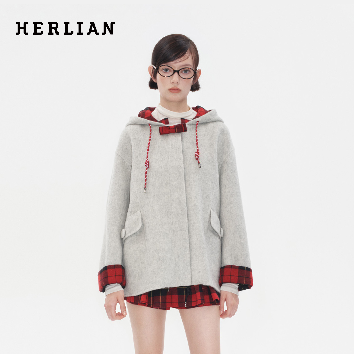 HERLIAN 秋冬新品双面呢外套拼色格纹设计女士中长款大衣