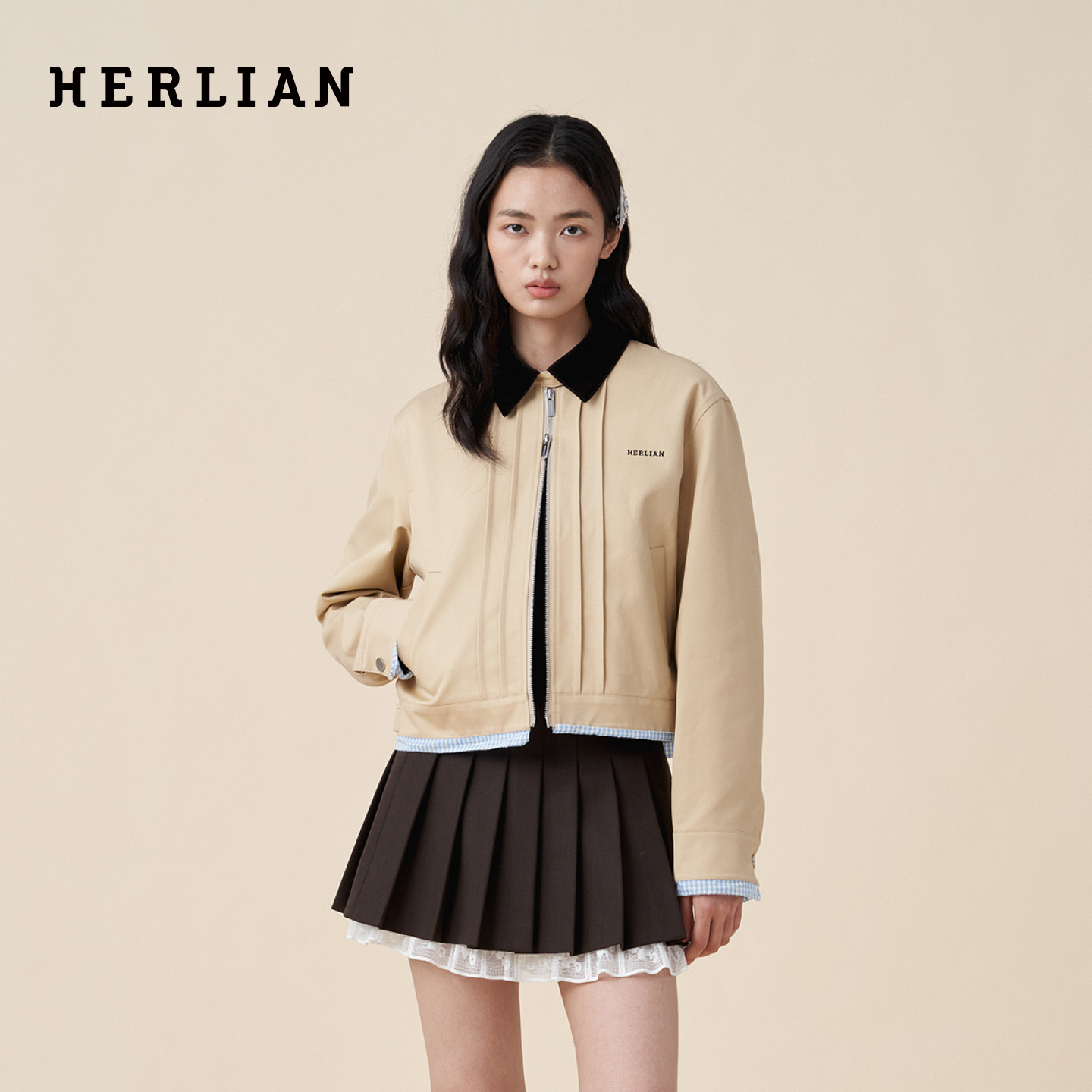 【博主同款】HERLIAN 秋季女格纹拼接假两件工装英伦学院夹克外套