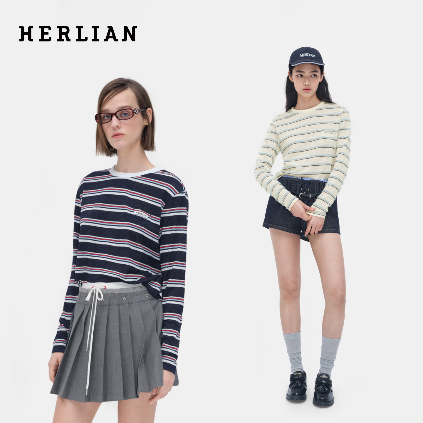 Herlian 条纹撞色女士长袖T恤宽松休闲打底罩衫淡人夏季上衣