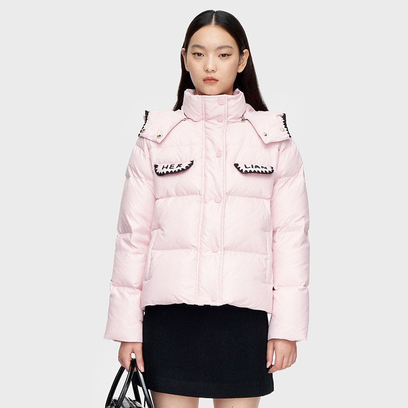 HERLIAN年冬季新品女士中长款粉色花边连帽羽绒服