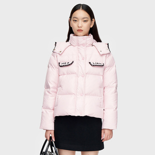 HERLIAN年冬季新品女士中长款粉色花边连帽羽绒服