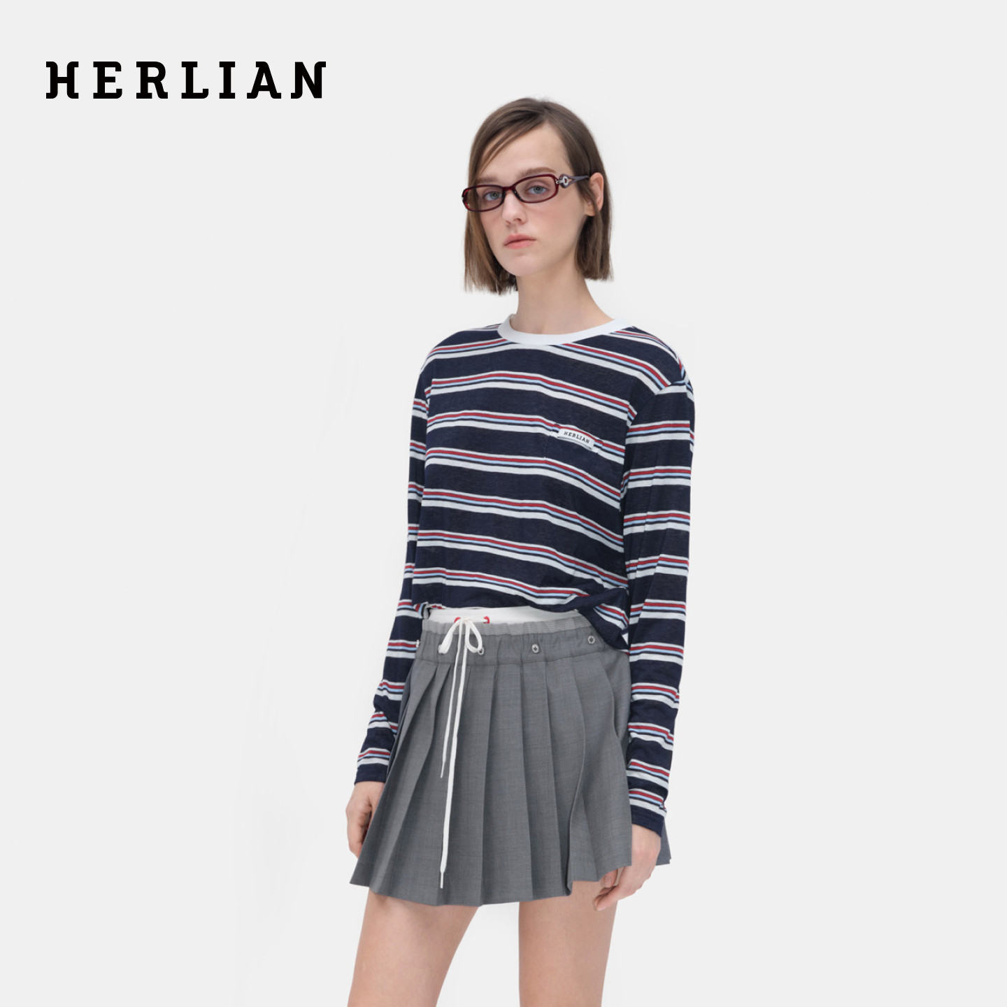 Herlian2026年春季新品条纹撞色女士长袖T恤logo刺绣打底衫