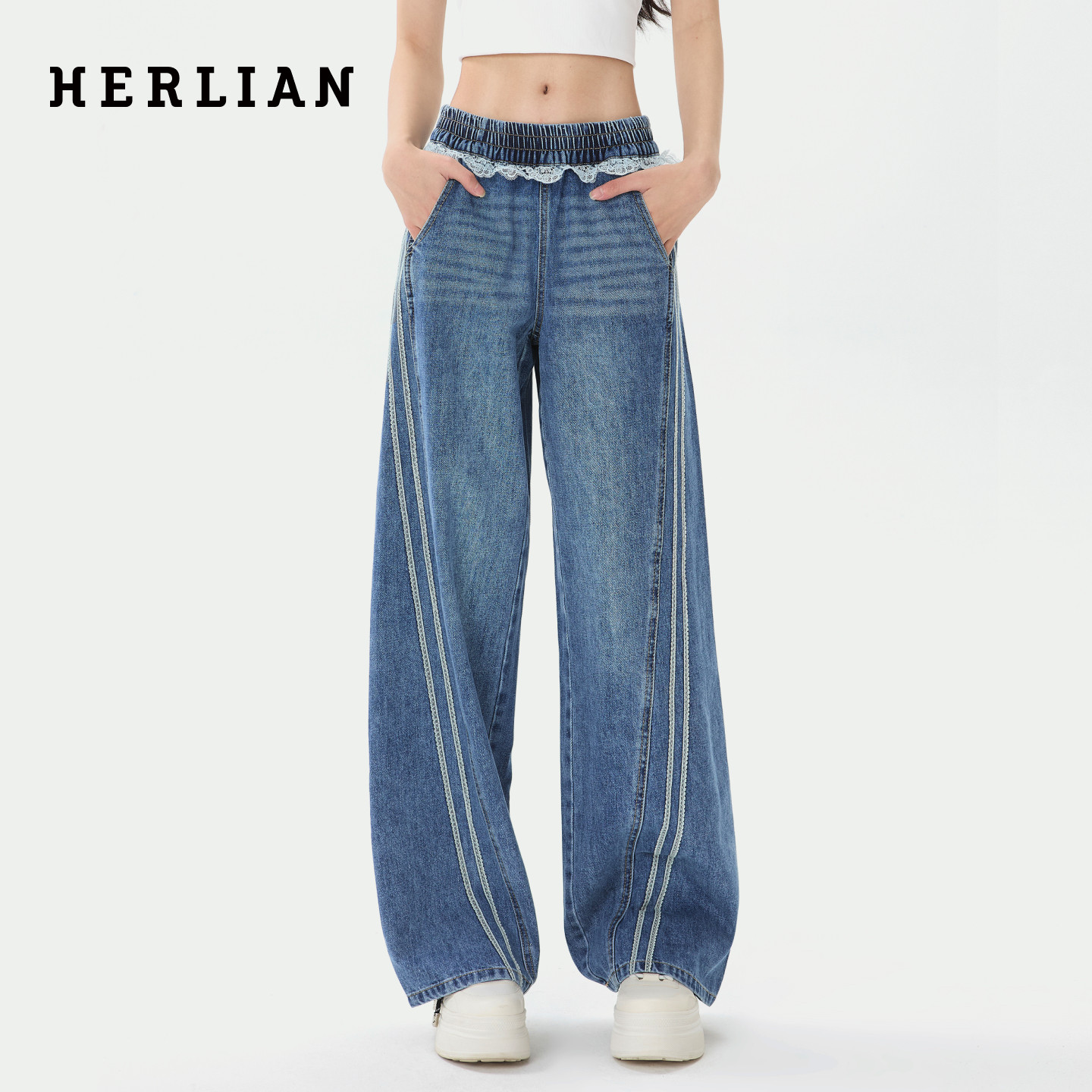 HERLIAN 2025秋冬季新品蕾丝腰头设计高腰阔腿牛仔裤弯刀休闲裤女