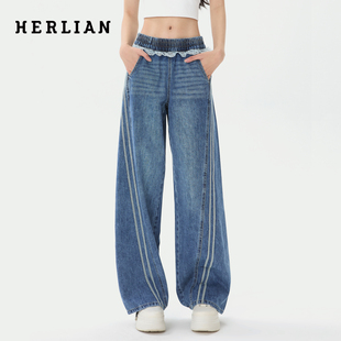 弯刀休闲裤 HERLIAN 蕾丝腰头设计高腰阔腿牛仔裤 新品 女 2025秋冬季