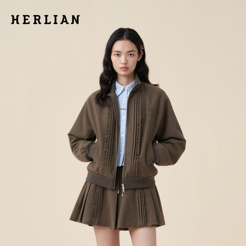 HERLIAN学院风木耳边呢夹克外套