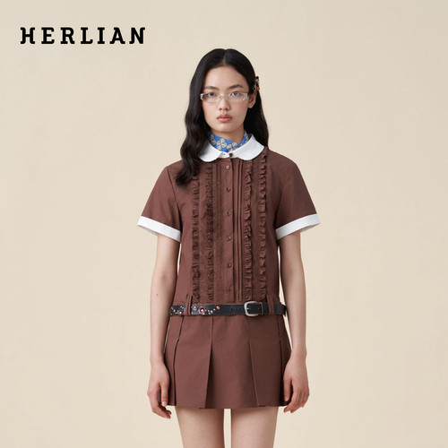 HERLIAN娃娃领花边拼接连衣裙