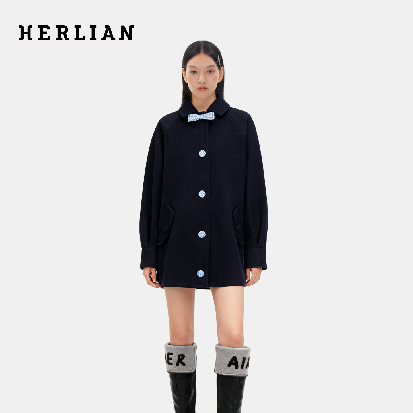 HERLIAN秋冬新品蝴蝶结娃娃领千金风长款毛呢外套大衣女