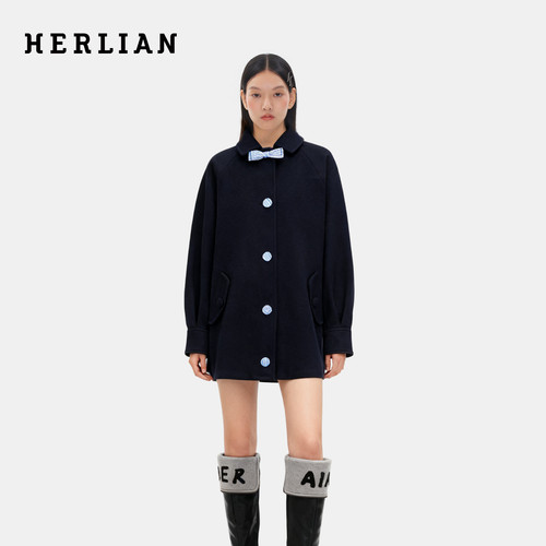 长款娃娃领毛呢外套衣女蝴蝶结