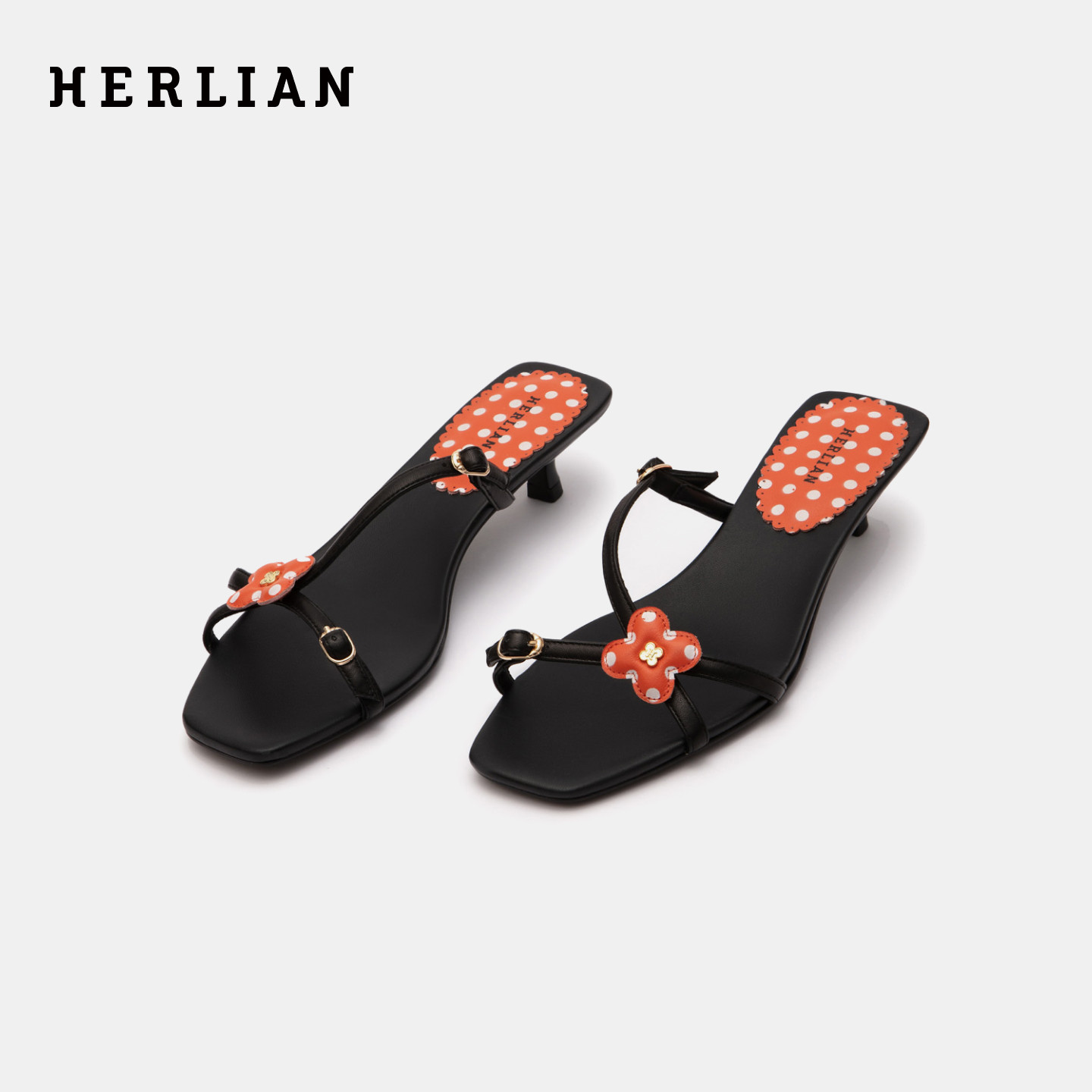 HERLIAN 2026年夏季新品H花方头高跟鞋拖鞋时尚百搭女士凉鞋