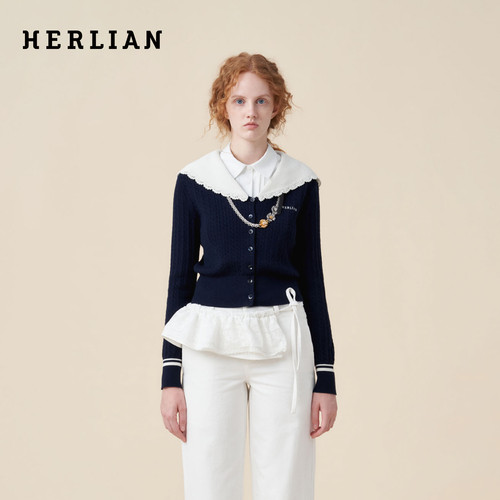 HERLIAN撞色海军领女针织开衫
