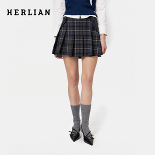 【鞠婧祎同款】Herlian25秋冬新品复古英伦格子加厚女毛呢百褶裙