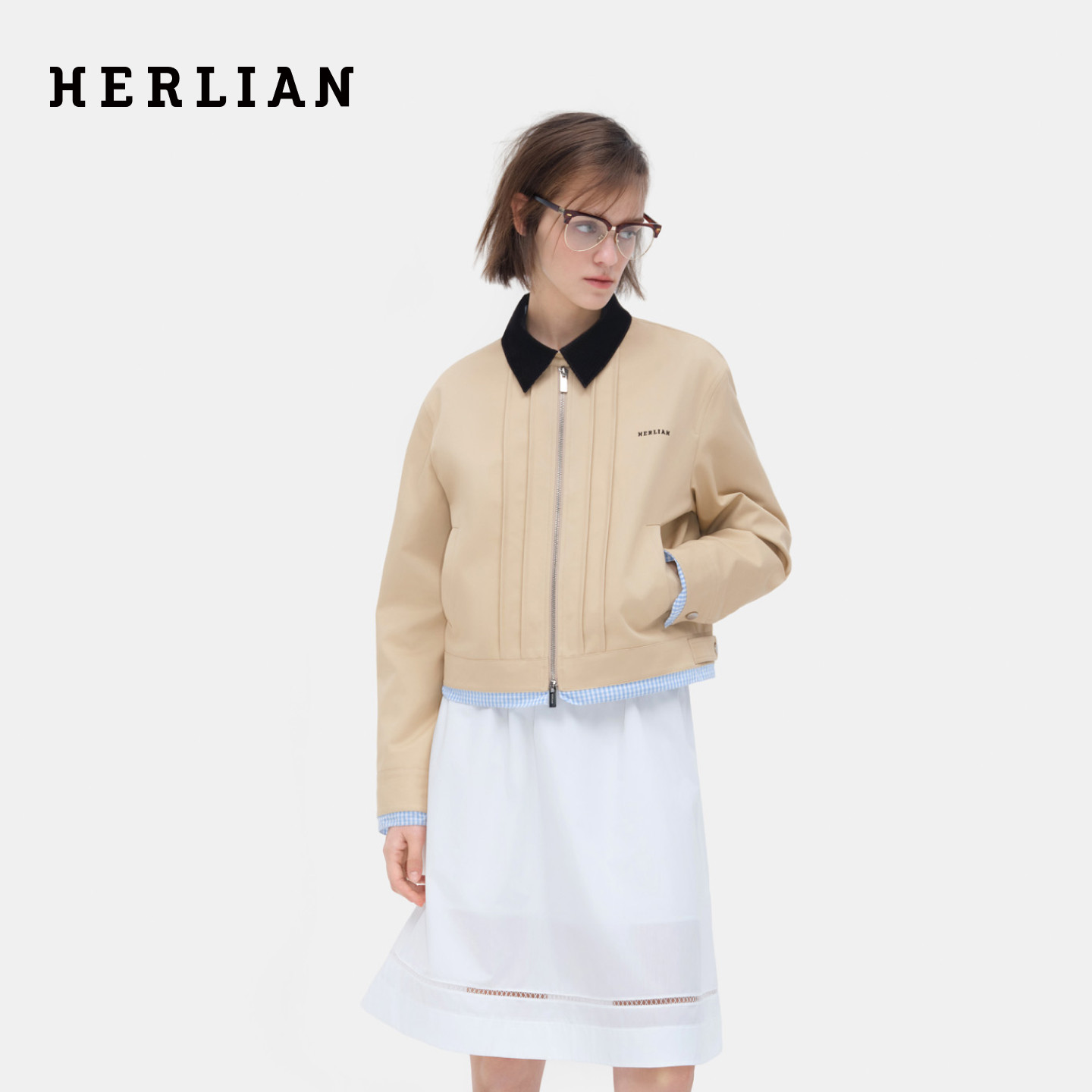 HERLIAN秋季新品女格纹拼接工装英伦夹克外套