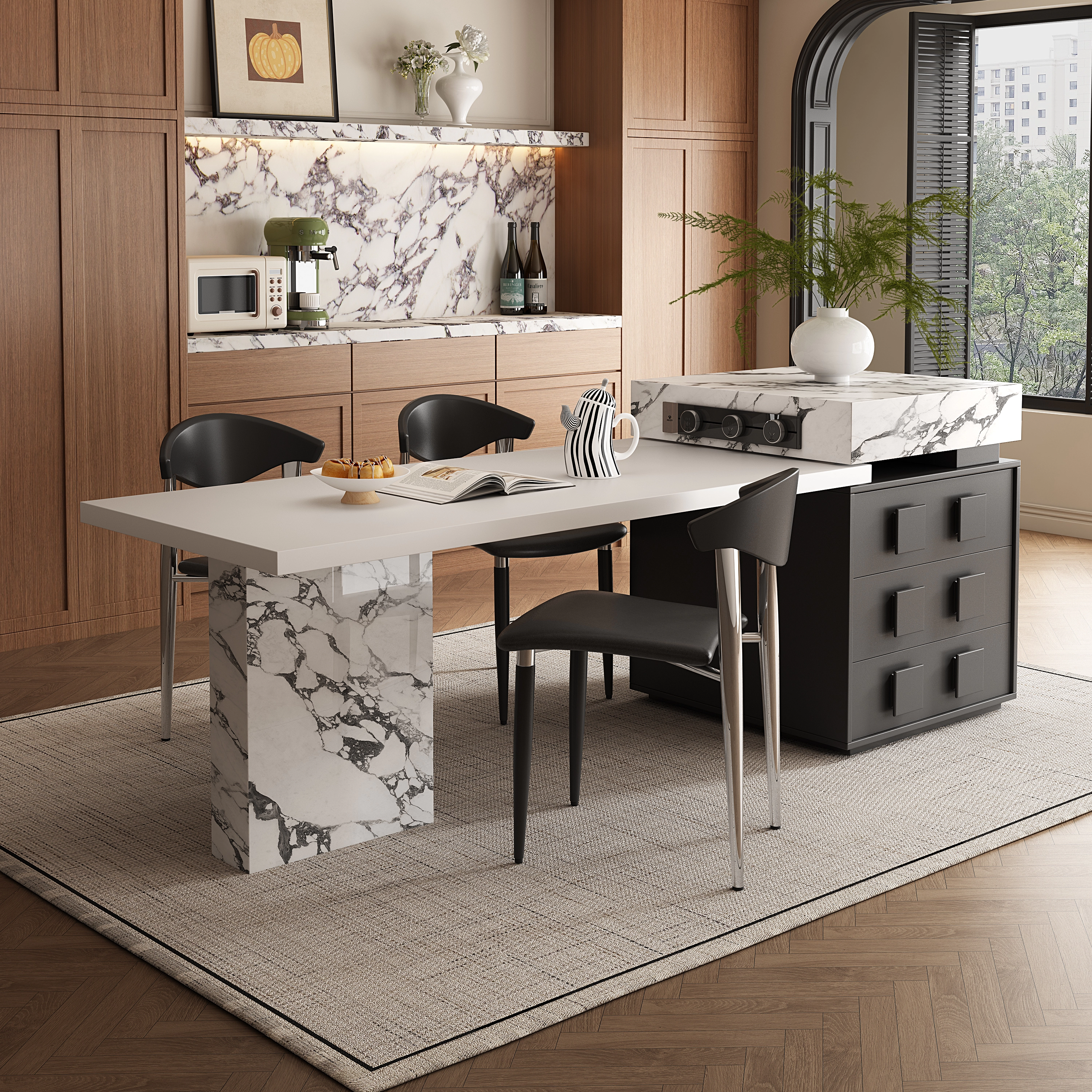 岛台餐桌一体可伸缩家用2026新款中古风岩板多功能导台设计中倒台,住宅家具,岛台餐桌,淘宝优惠券,粉丝福利购,淘宝优惠卷