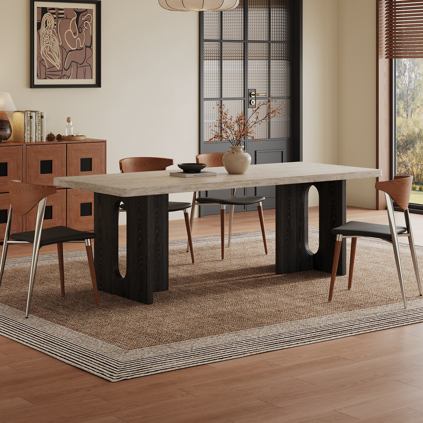 设计师法式复古中古风实木洞石岩板餐桌组合家用长方形吃饭桌子