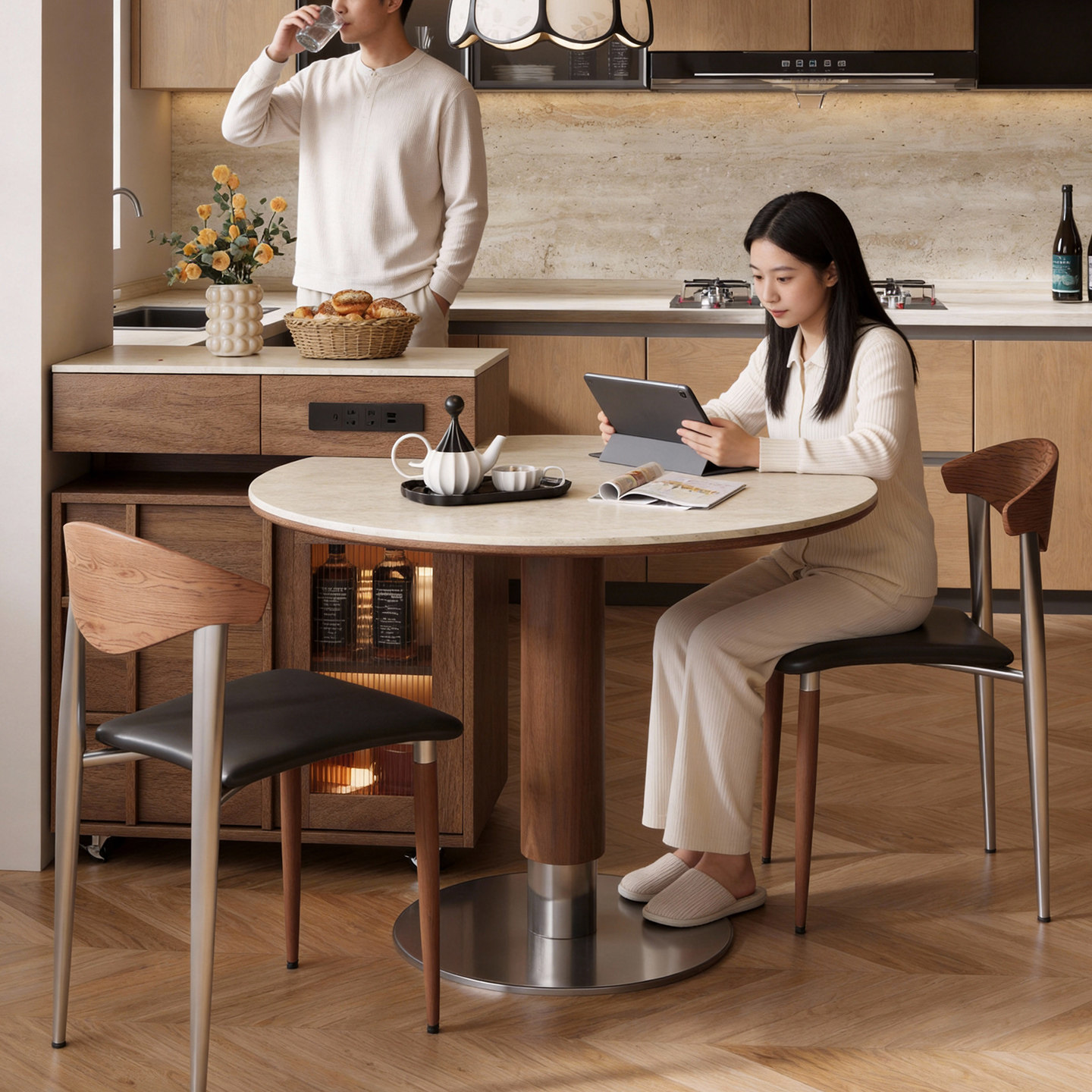 分离式岛台圆餐桌一体伸缩家用中古风厨房餐厅高级感实木餐岛一体