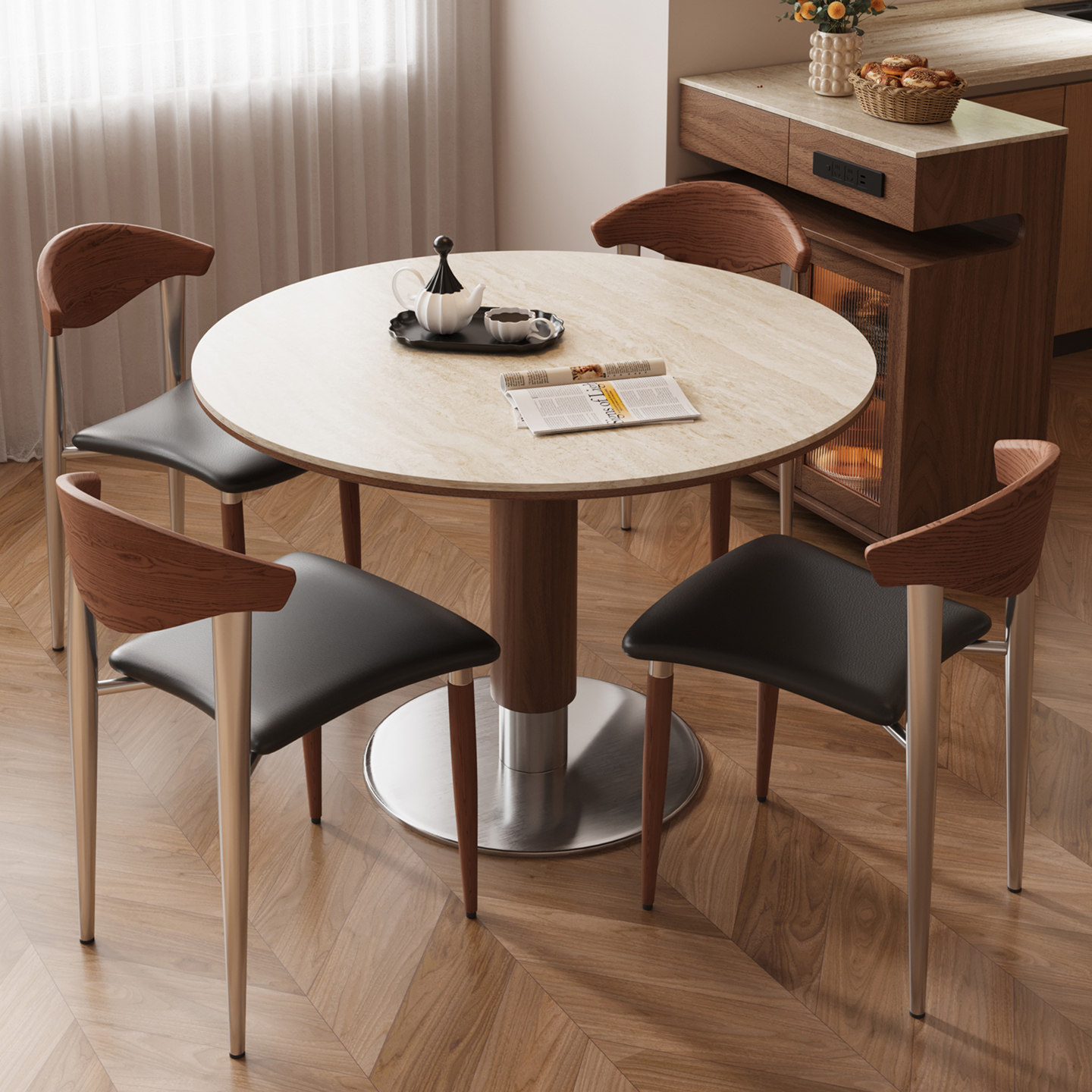 中古风洞石岩板圆桌复古圆形餐桌家用小户型北欧包豪斯实木吃饭桌